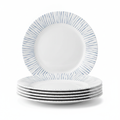 Indigo stripe white tempered glass dinner plates, set of 6 with blue radial rim, on white
