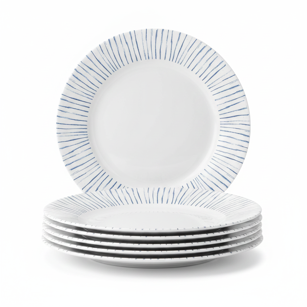 Indigo stripe white tempered glass dinner plates, set of 6 with blue radial rim, on white