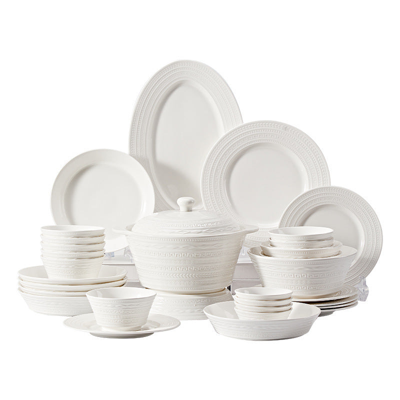Jingdezhen Embossed White Porcelain Dinnerware Set for 12, 74 pc