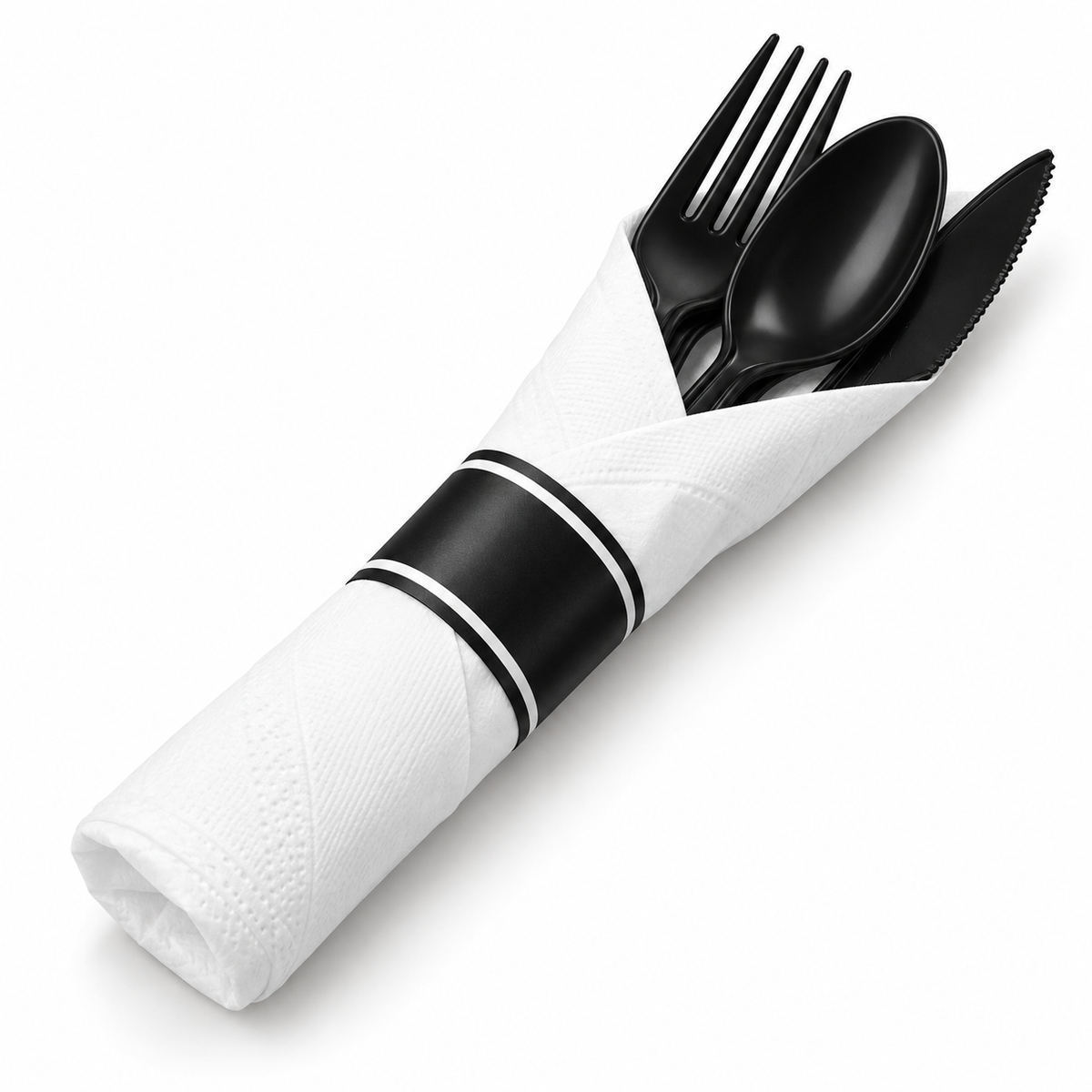 Black plastic fork, spoon and knife wrapped together in one white napkin with a black band edged in white.