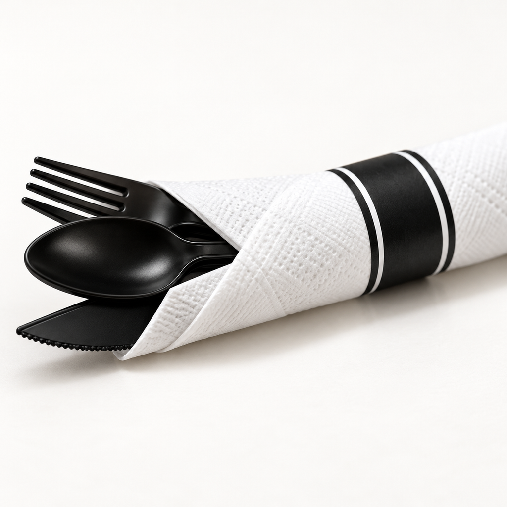 Close-up of a white napkin and black band edged in white around one black plastic fork, spoon and knife.