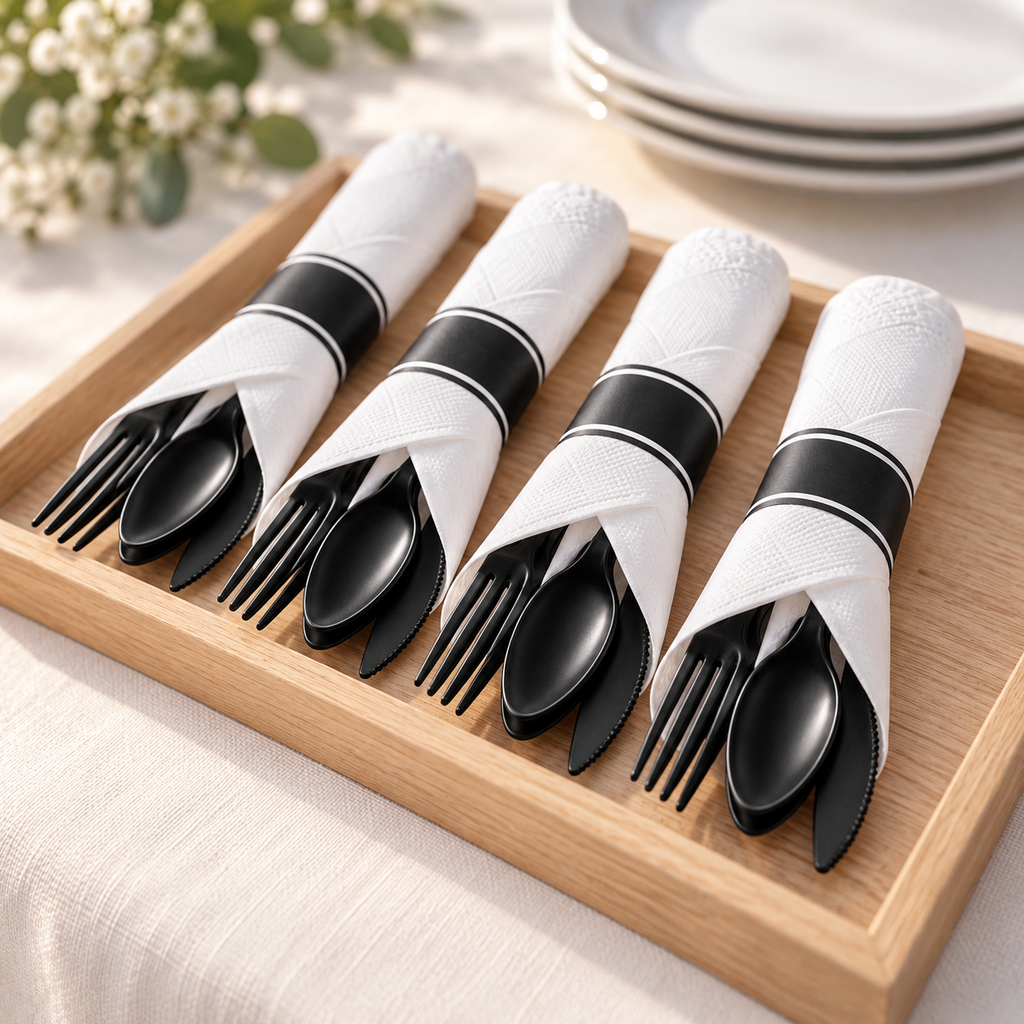 Four black plastic cutlery sets wrapped in white napkins with black bands, arranged on a wooden serving tray beside white plates.