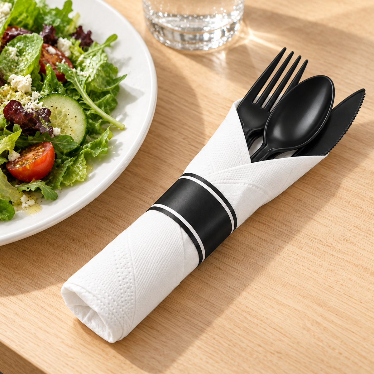 Black plastic fork, spoon and knife wrapped together in a white napkin beside a salad plate on a wooden table.