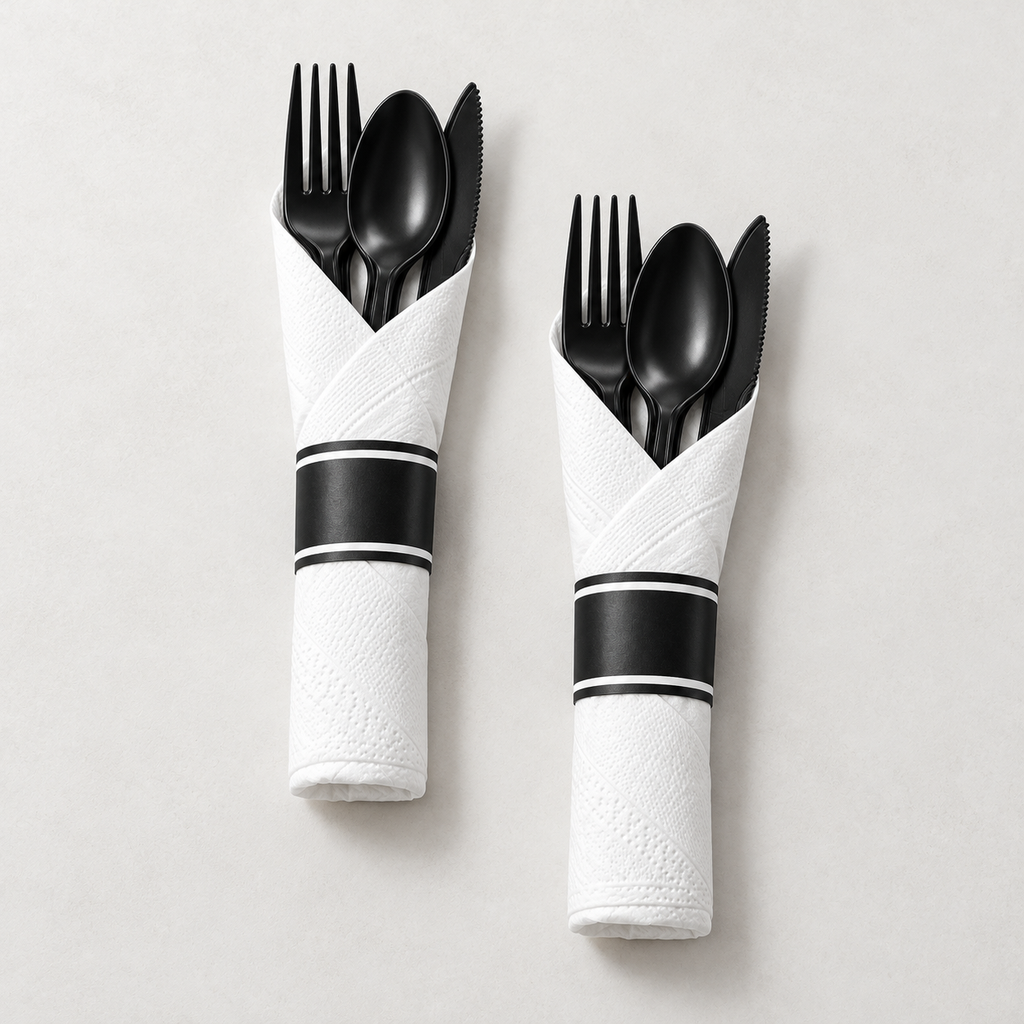 Overhead view of two black plastic cutlery sets, each wrapped together in a white napkin with a black band edged in white.