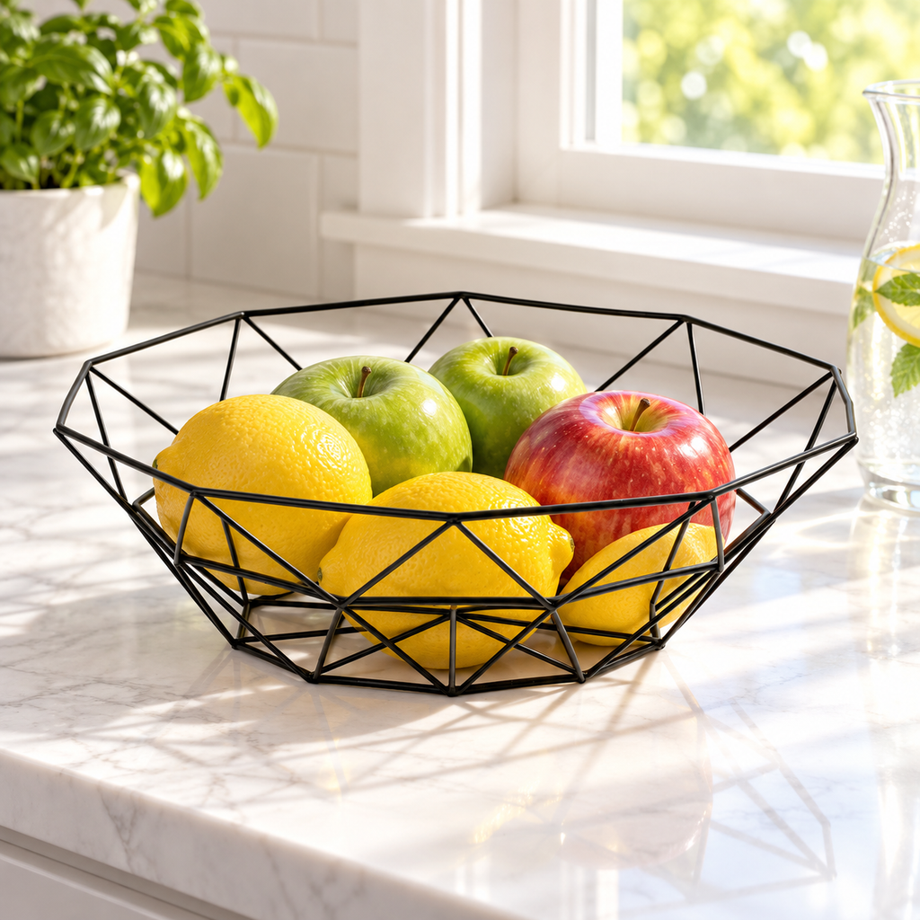 Black geometric wire basket styled for everyday use; food, liner and props not included