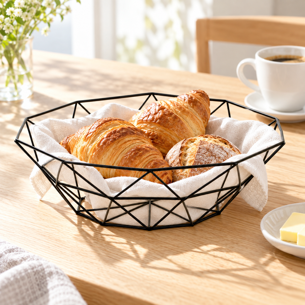 Black geometric wire basket styled for everyday use; food, liner and props not included