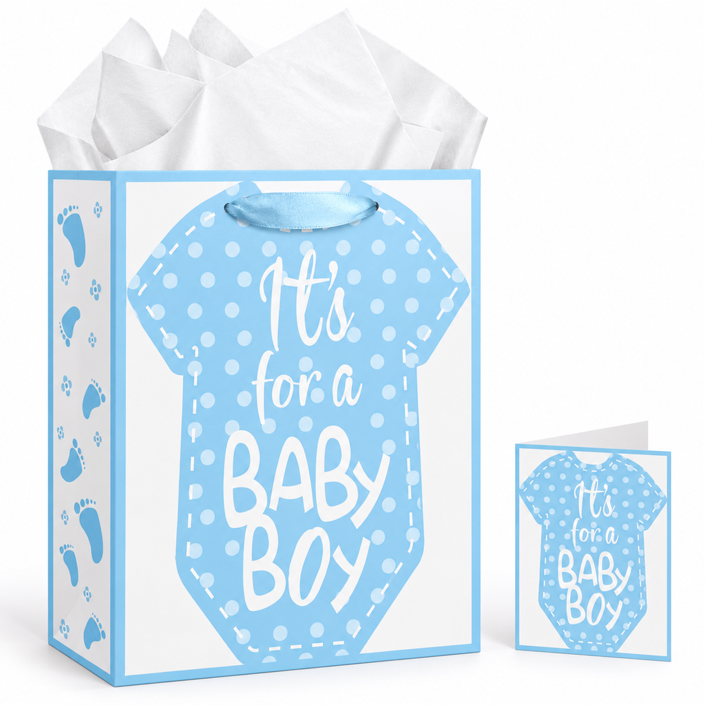 Blue baby shower gift bag with matching card and white tissue paper on white studio background