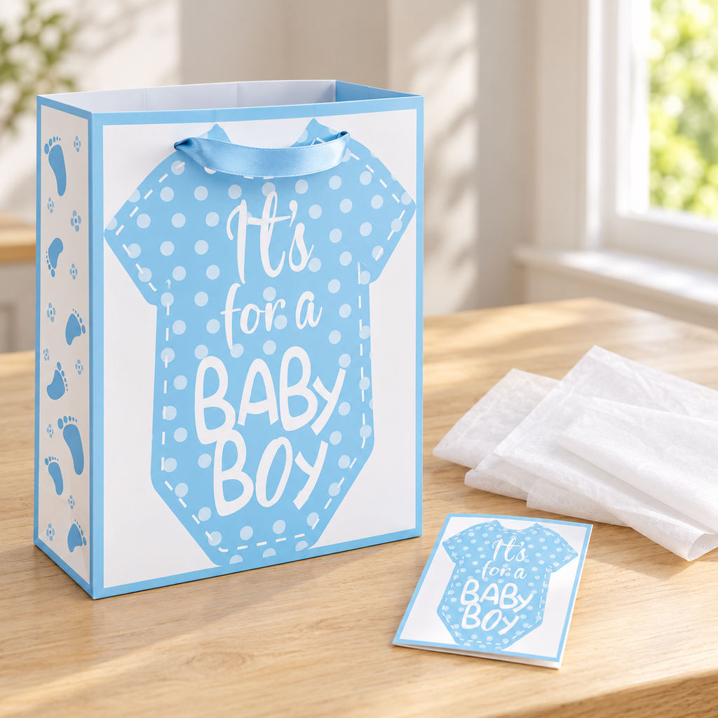 Blue baby boy gift bag, matching card and three white tissue papers arranged for gift packing
