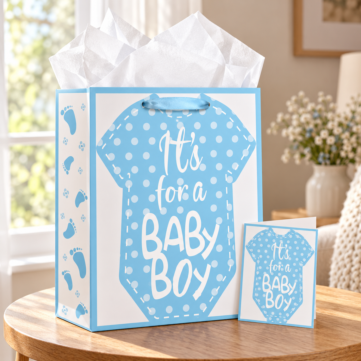 Blue baby shower gift bag with white tissue paper and matching card beside a home window