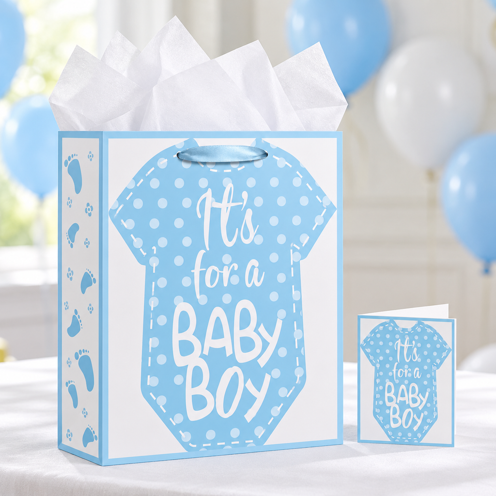 Blue baby boy gift bag and matching card on a baby shower table