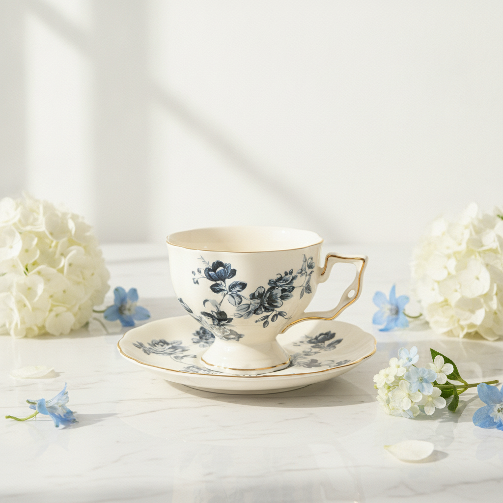 Minimal beauty shot of the blue rose garden teacup and saucer on white marble with hydrangeas and blue florals