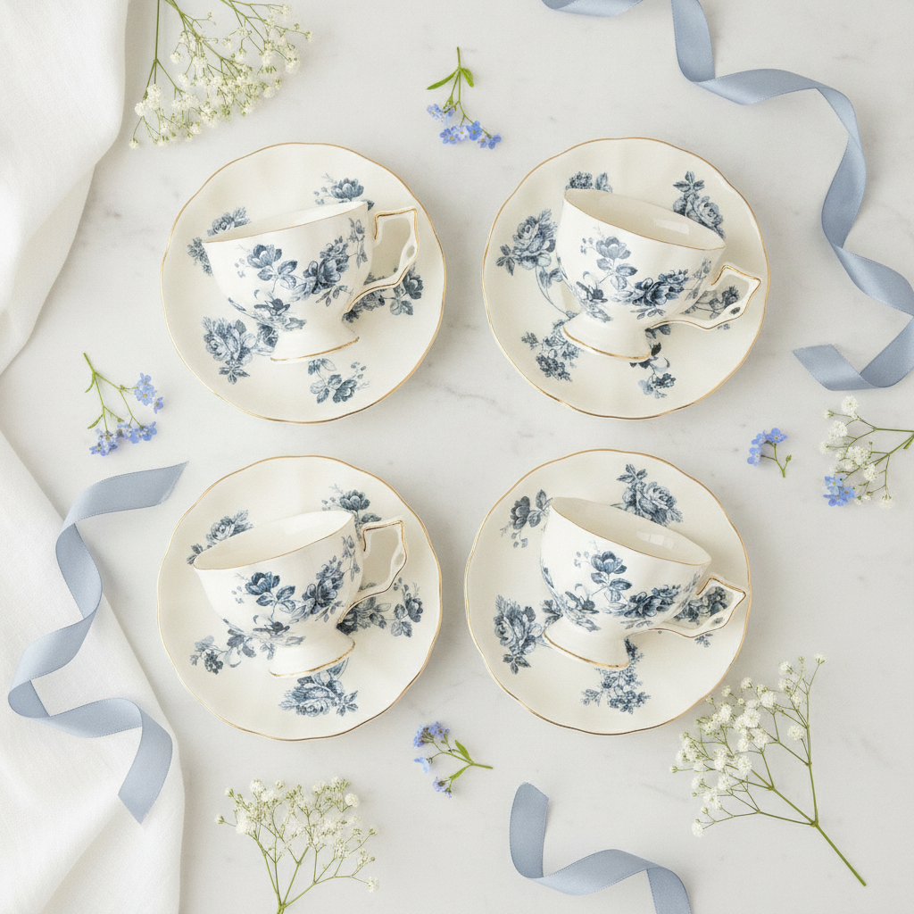 Collection of blue rose garden vintage teacups and saucers arranged on white marble with blue ribbon and florals
