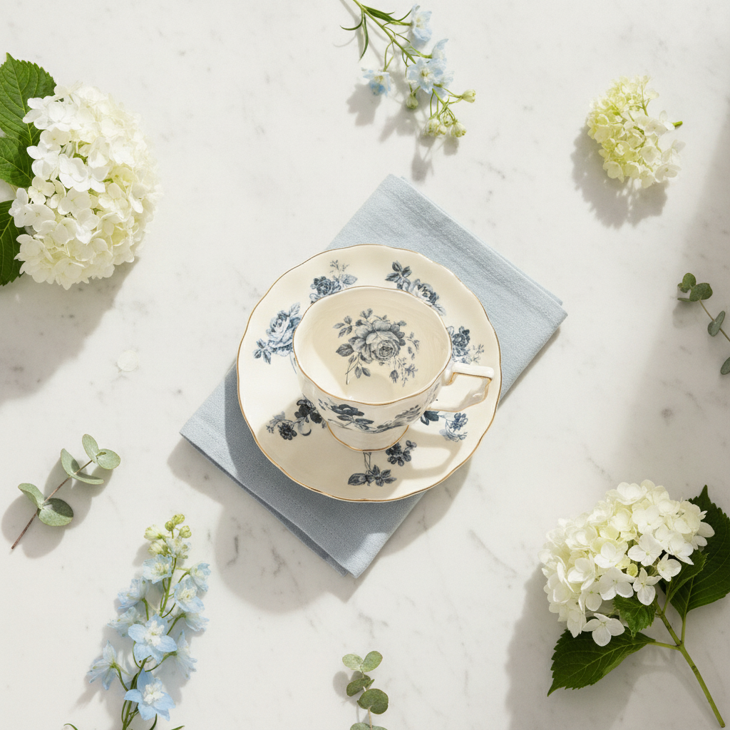 Blue rose garden vintage teacup and saucer styled overhead flat-lay place setting on white marble with blue and white florals