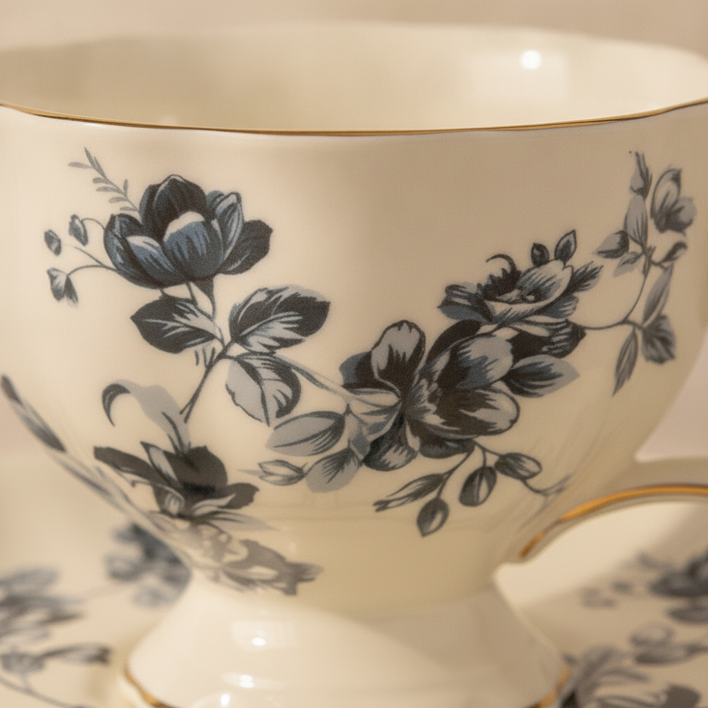 Macro detail of blue botanical rose pattern and gold rim on the ivory porcelain teacup