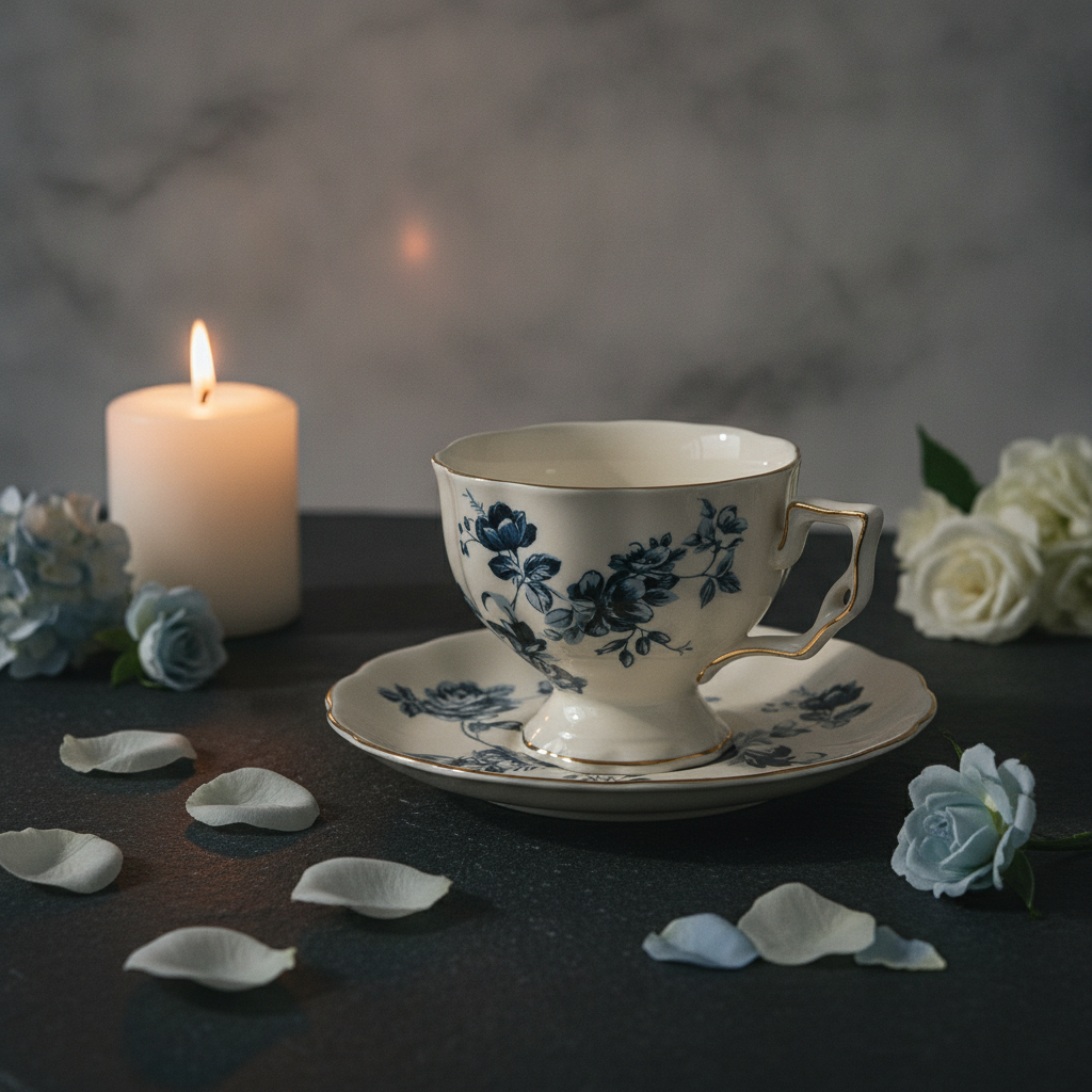 Moody dramatic shot of the blue rose garden teacup and saucer on dark slate with candle and scattered petals
