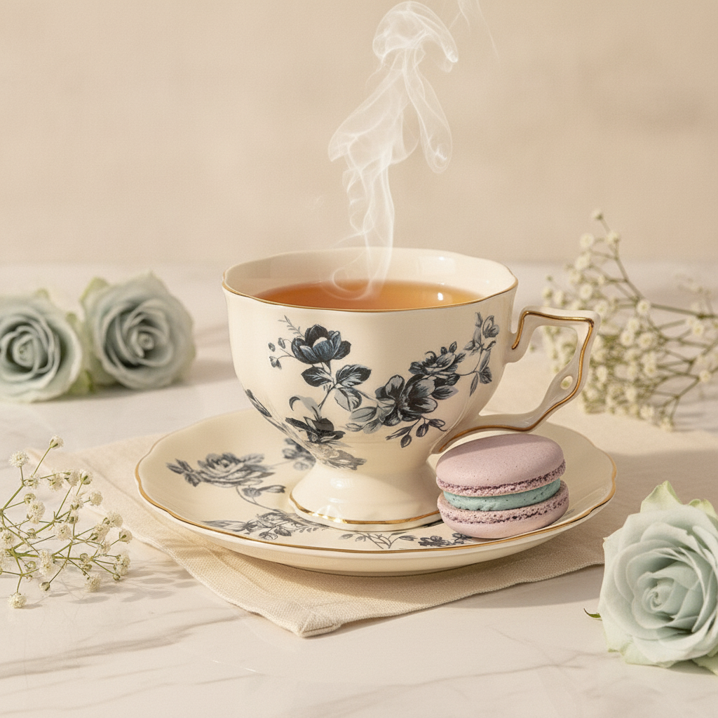 Blue rose garden teacup filled with steaming tea beside macarons and roses on a styled marble table