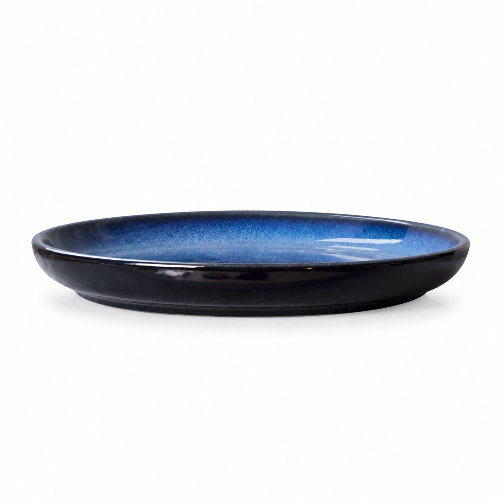 10-inch blue gradient porcelain plate on white, showing its shallow profile and dark rim