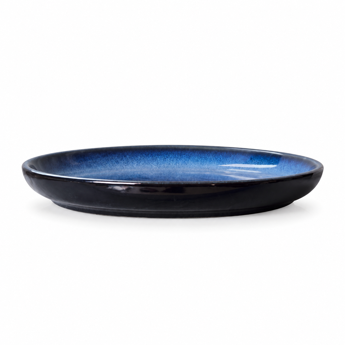 10-inch blue gradient porcelain plate on white, showing its shallow profile and dark rim