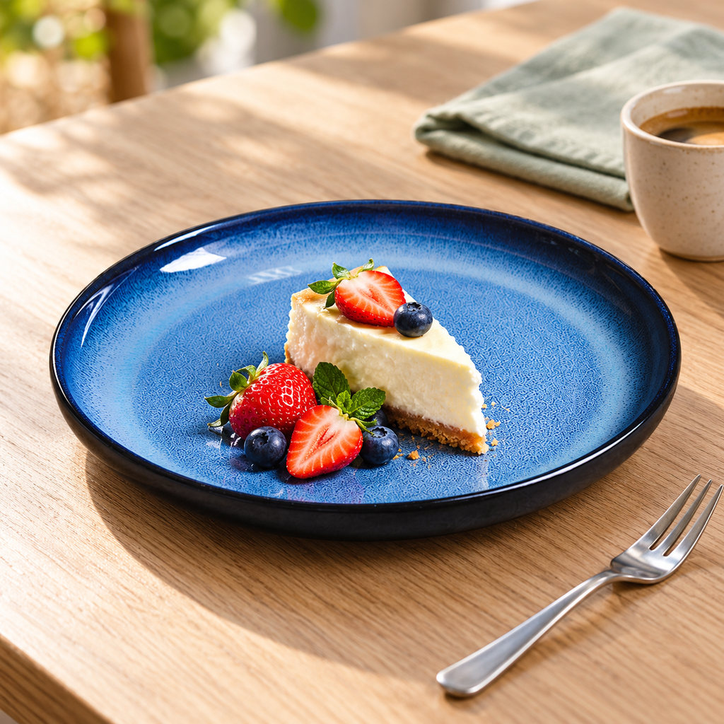 Blue gradient porcelain plate with cheesecake and berries; food and accessories not included