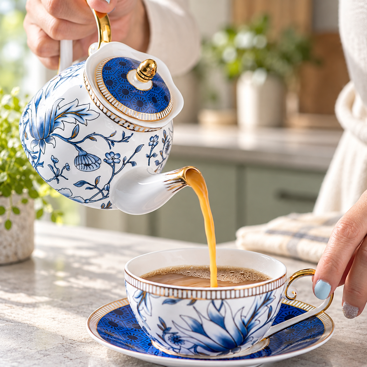 Blue magnolia teapot pouring tea into its cup and saucer