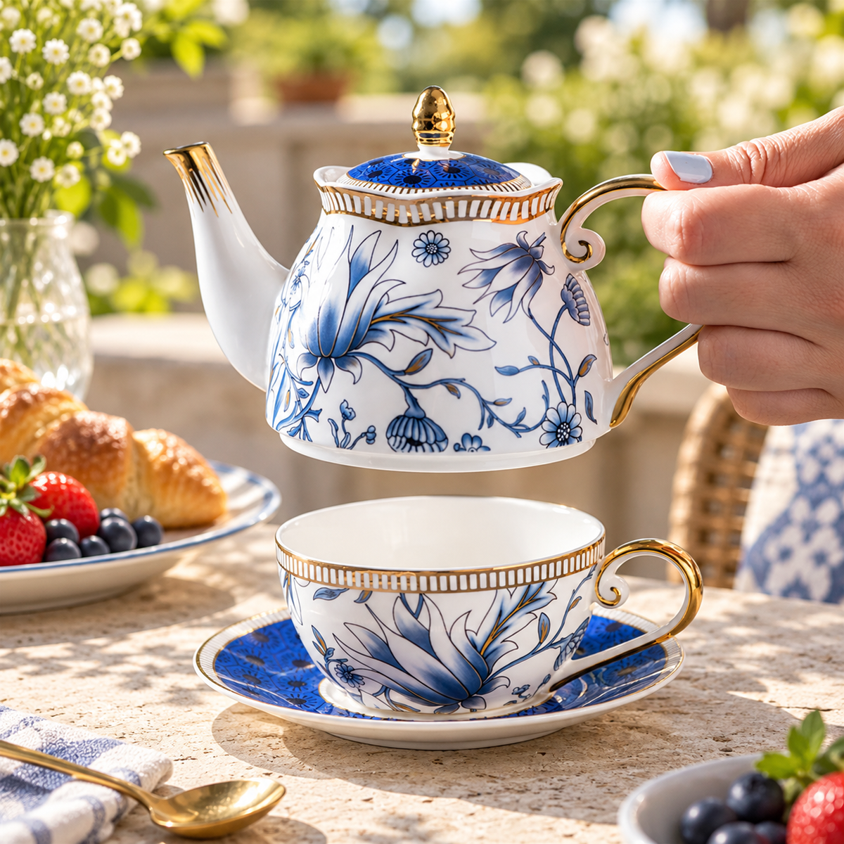 Lifting the blue magnolia teapot from its matching cup and saucer