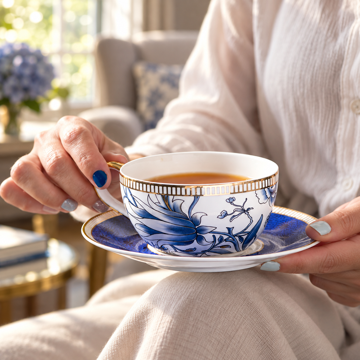 Blue magnolia cup and saucer held in hands