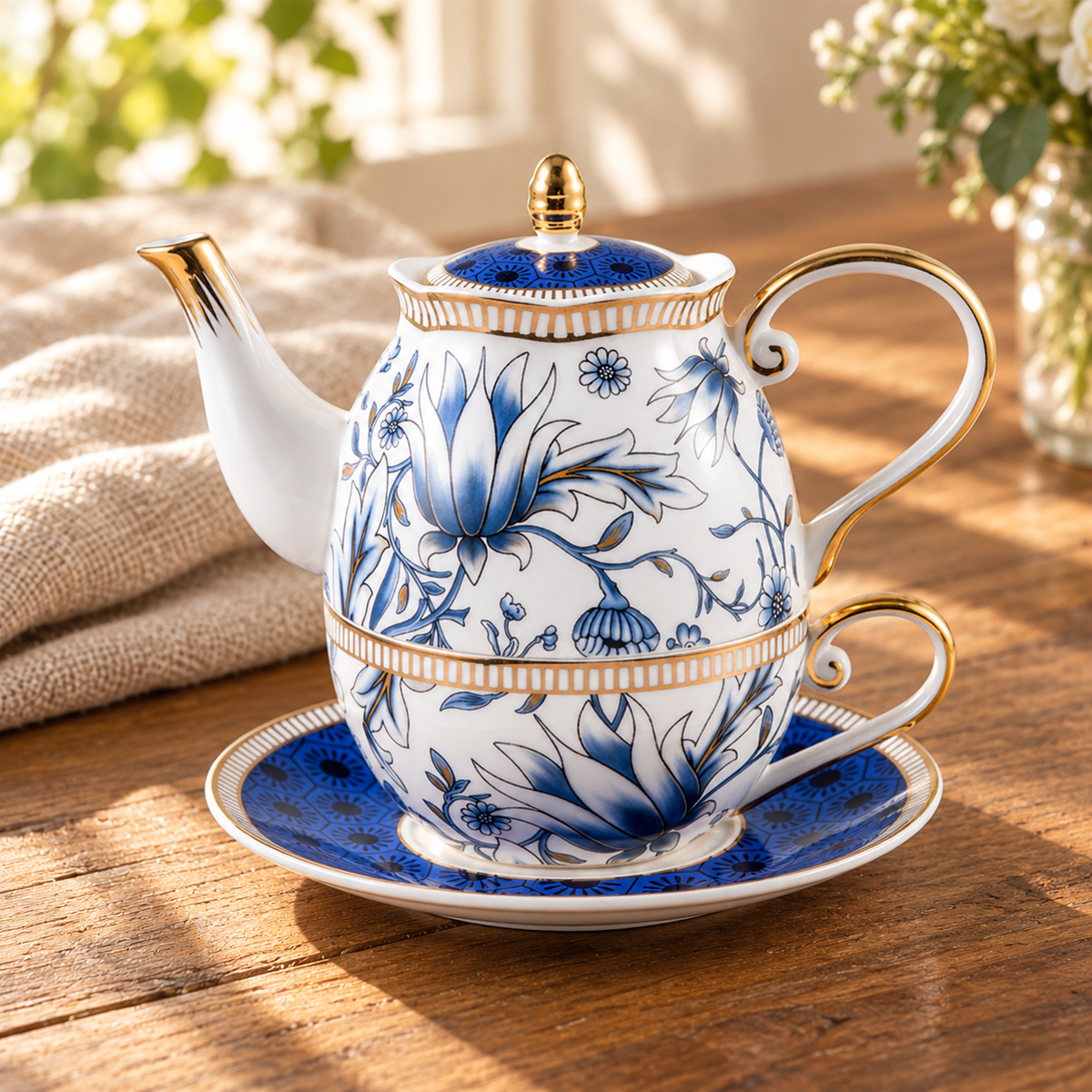 Blue magnolia tea-for-one teapot stacked on its cup and saucer on a naturally lit wooden table
