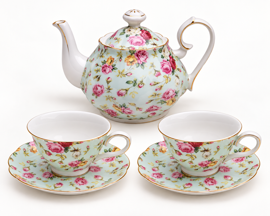 Blue Rose Chintz five-piece teapot, two cups and two saucers on a clean studio background