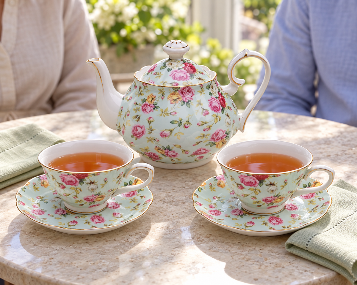 Blue Rose Chintz five-piece tea set arranged for two