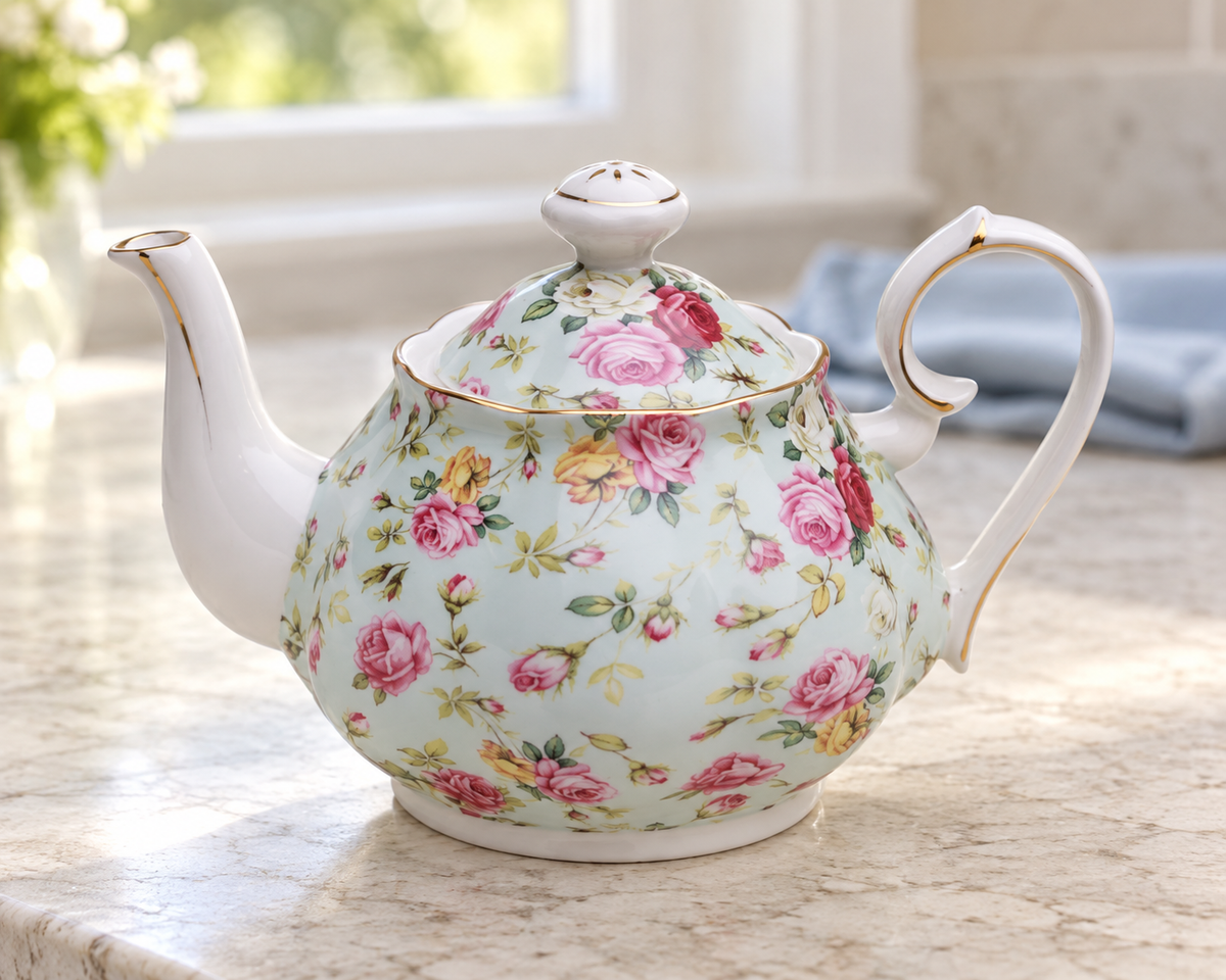 Blue Rose Chintz teapot floral design and handle detail
