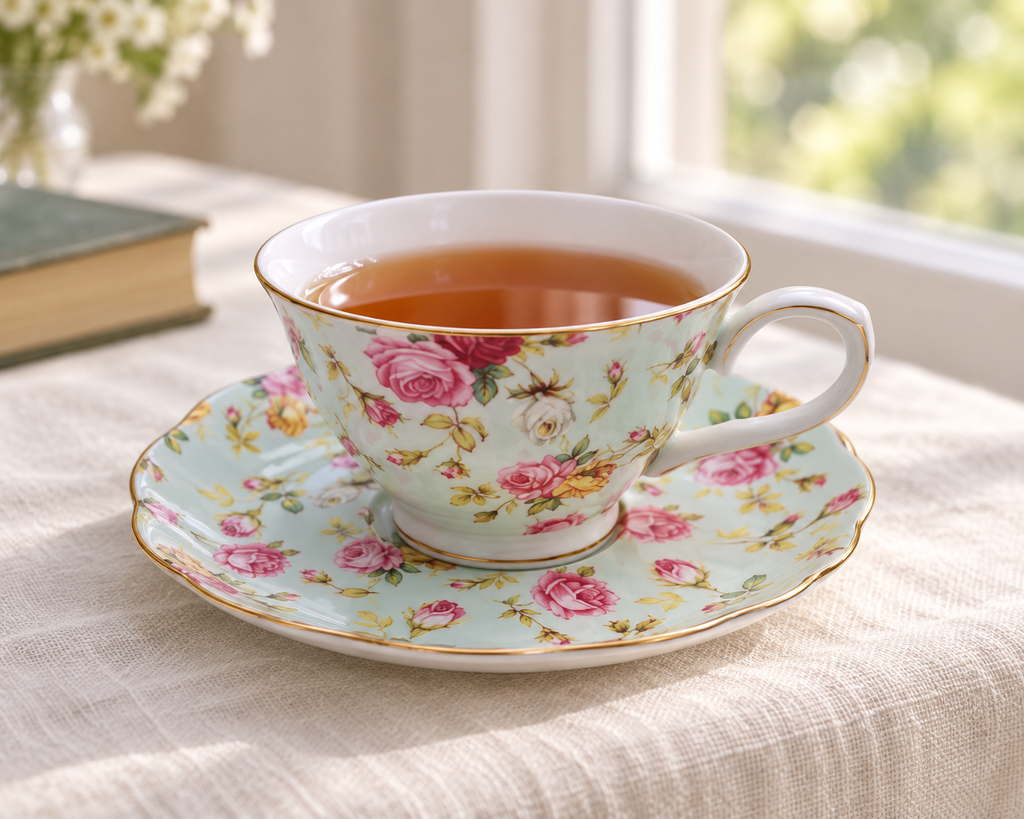 Blue Rose Chintz cup and scalloped saucer detail