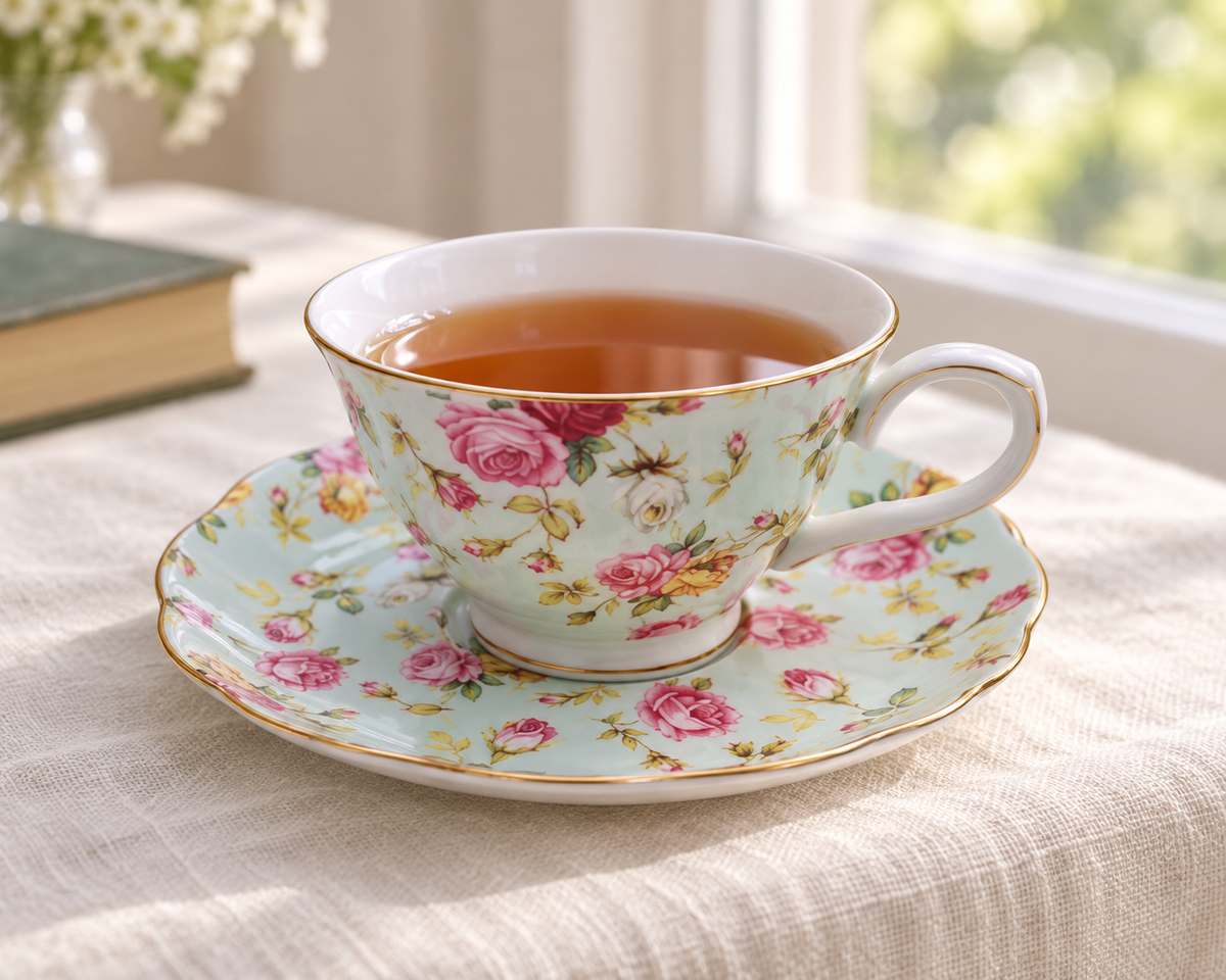 Blue Rose Chintz cup and scalloped saucer detail
