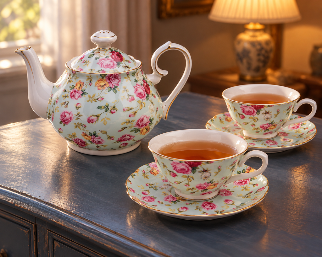 Blue Rose Chintz five-piece set for evening tea