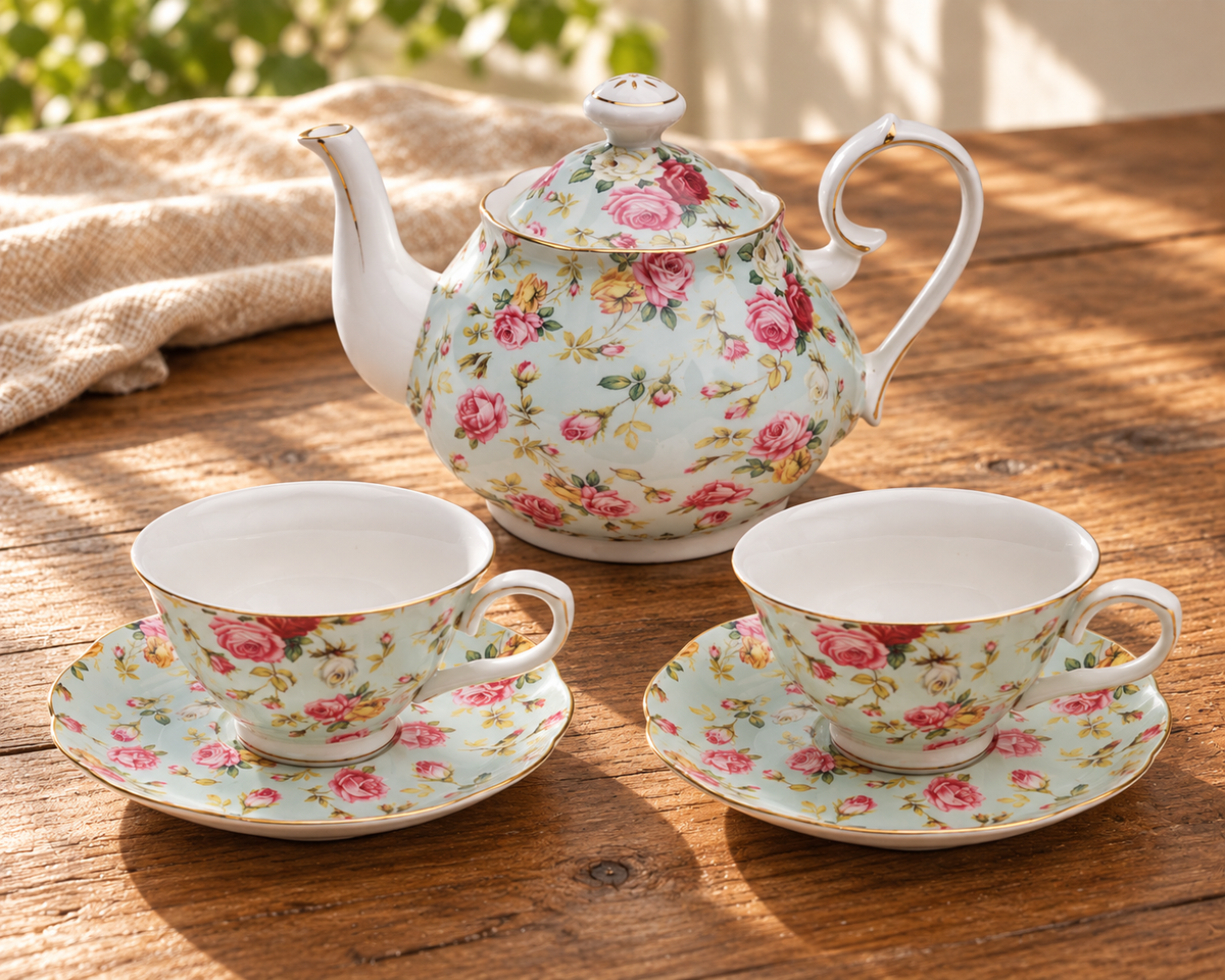 Blue Rose Chintz five-piece tea set with one teapot, two cups and two saucers on a wooden table