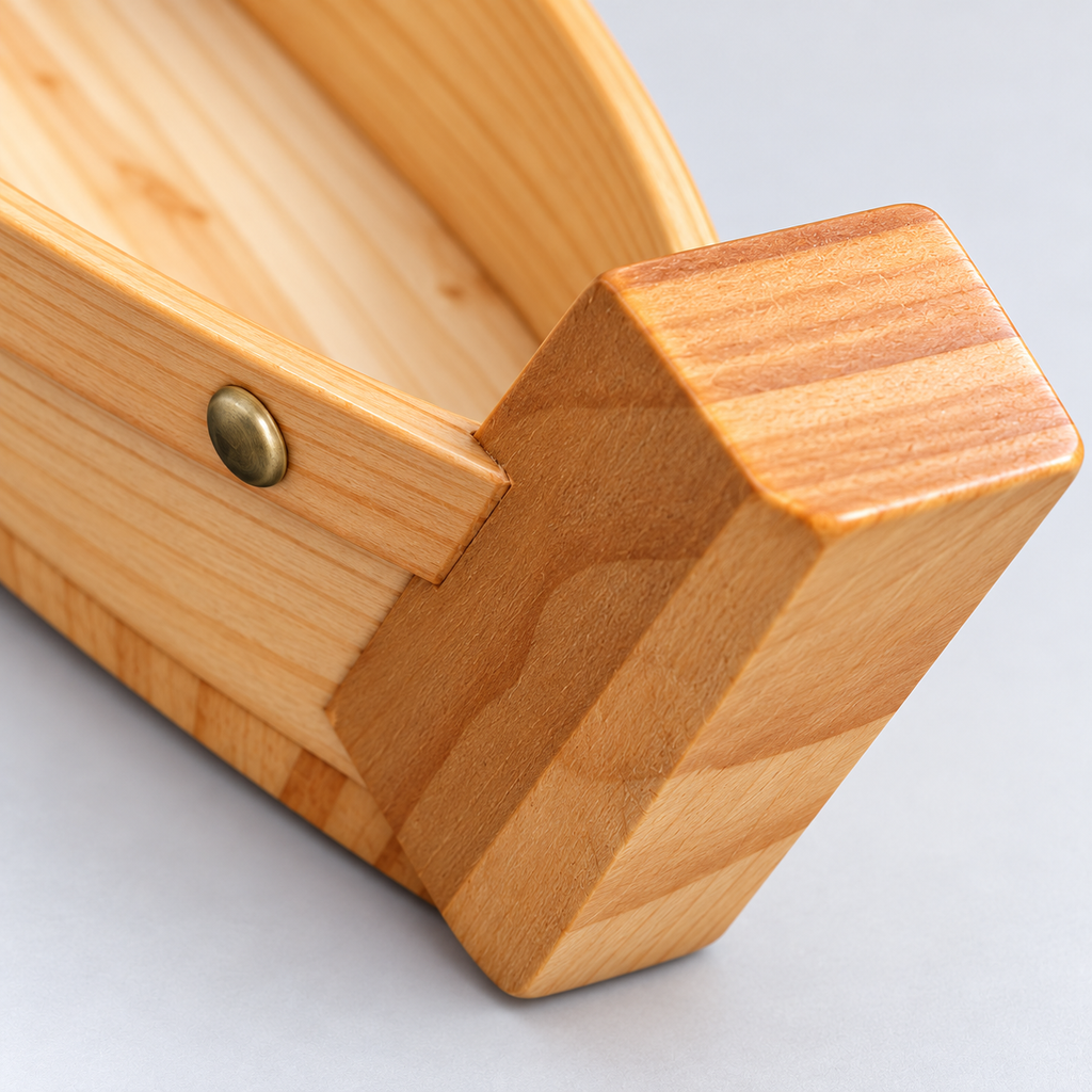 Pine sushi boat bow joint and wood grain detail