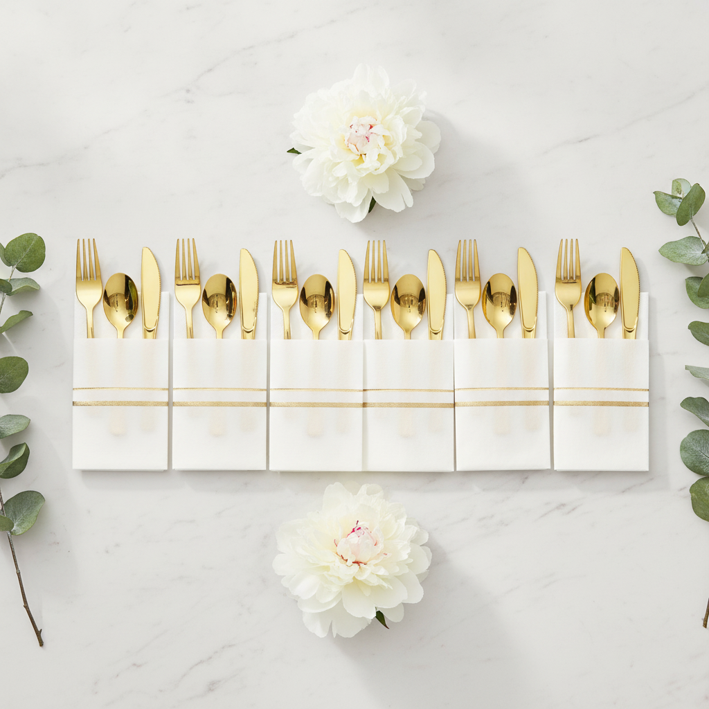 Overhead flat-lay row of gold cutlery napkin bundles with eucalyptus and a white peony