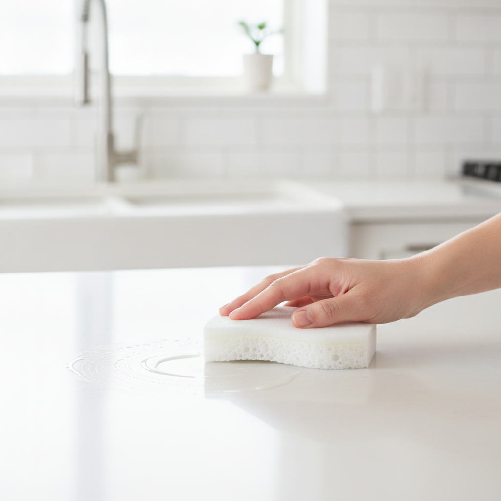 White scrub sponge wiping a clean kitchen countertop