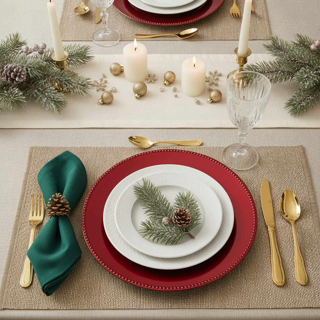 Red beaded charger plate setting a luxe Christmas table with candlelight