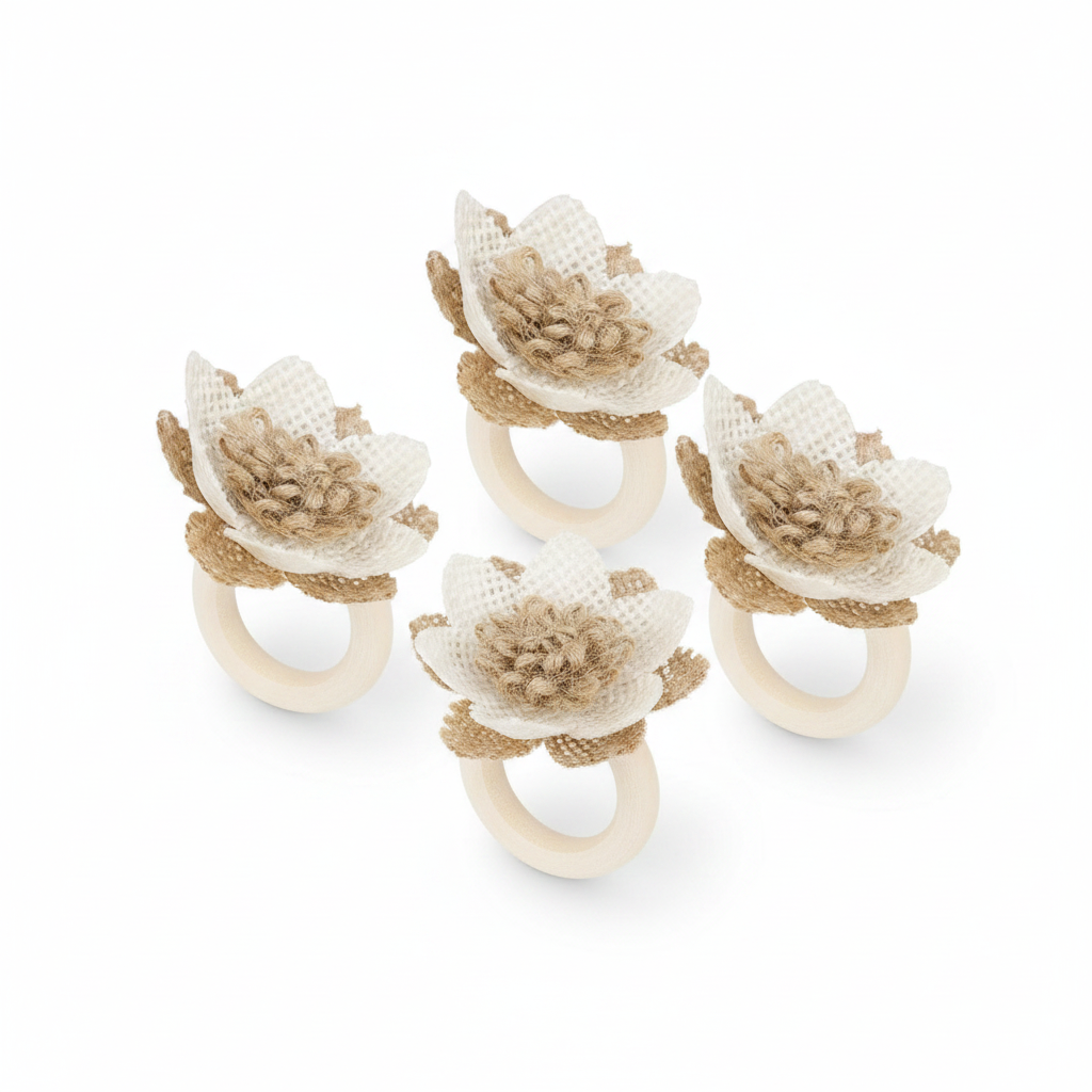 Boho burlap jute flower napkin rings on natural wood, set of 6, on white background