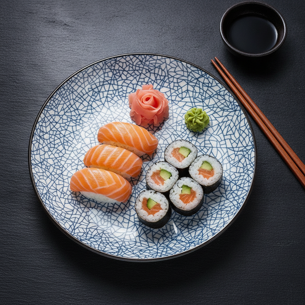 Fresh sushi and sashimi plated on the ice-crack Japanese porcelain plate