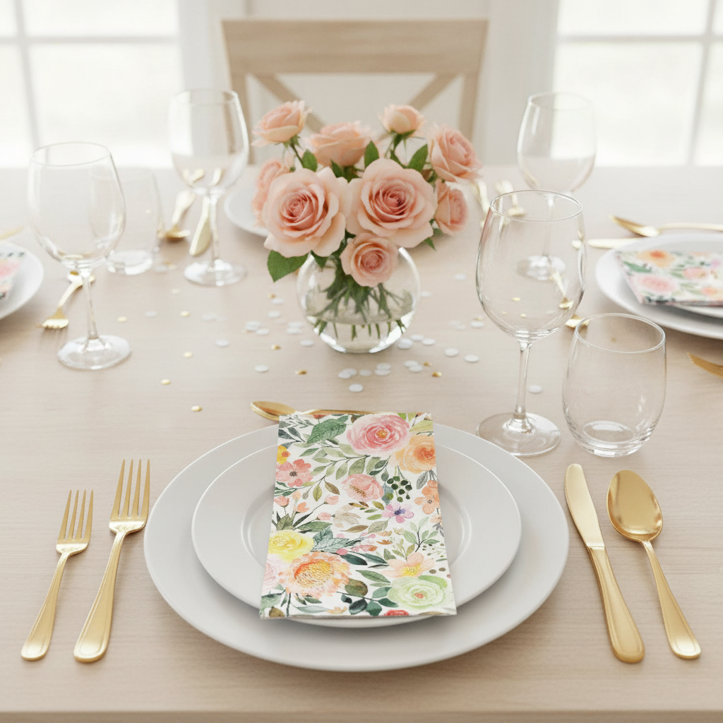 Spring tablescape with watercolor rose paper guest napkins on plain white plates
