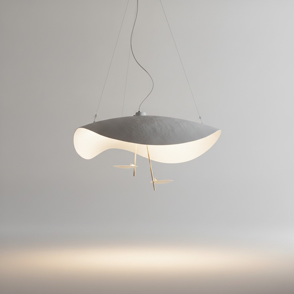 Lumina sculptural disc pendant lamp with soft warm halo glow on a grey studio backdrop