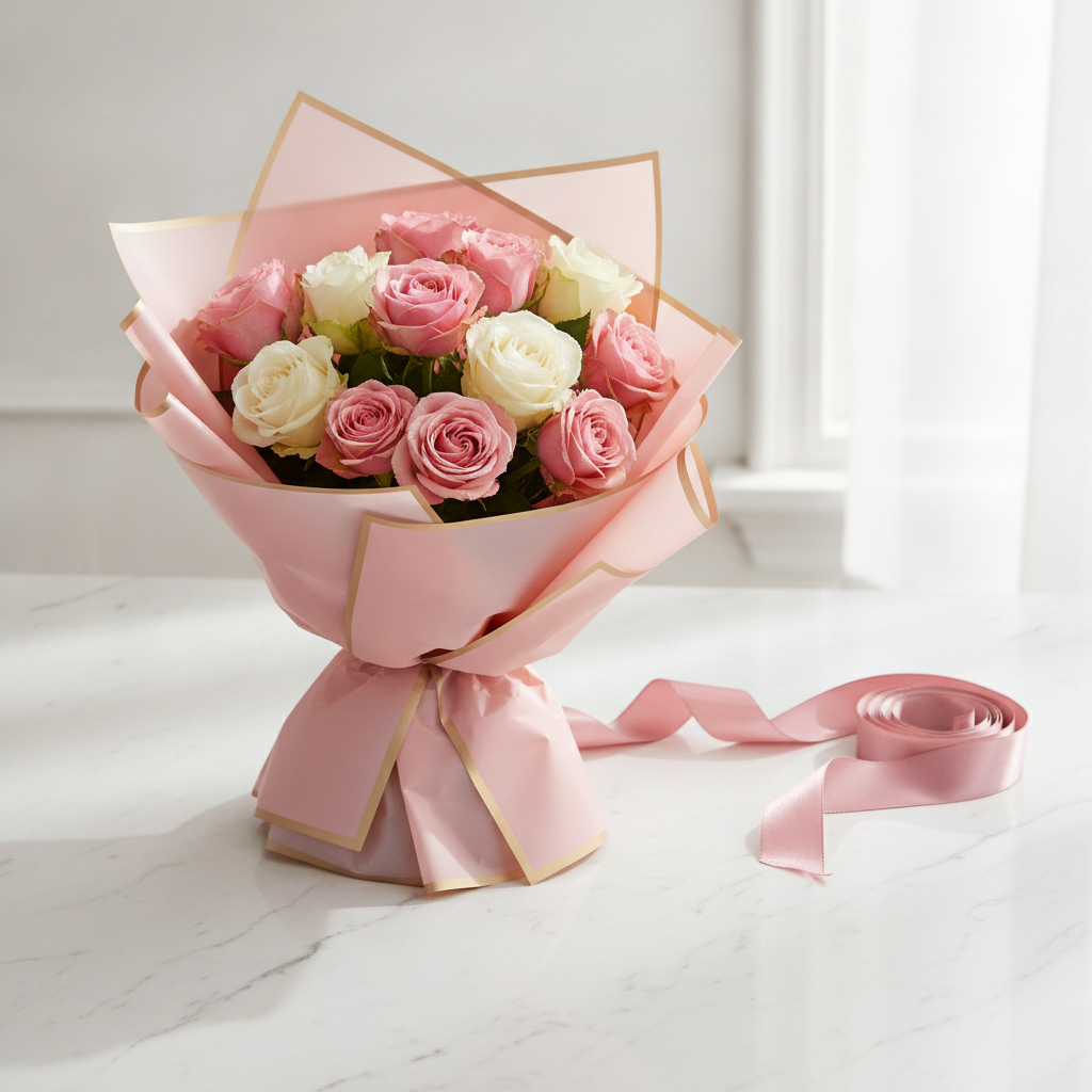 Pink and white rose bouquet wrapped in pink gold-edge florist paper on a marble countertop