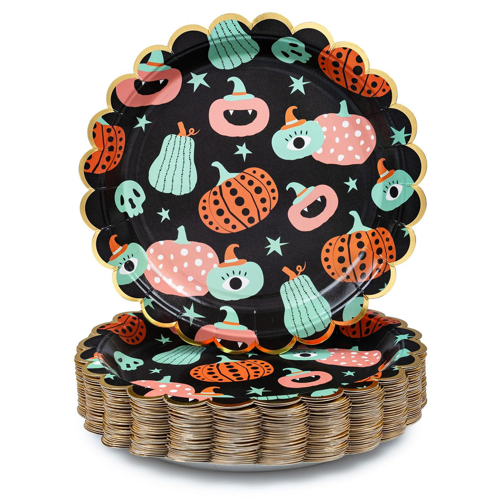 Gold-Rim Halloween Pumpkin Scalloped Paper Plates, 9 in, 50 ct — view 1