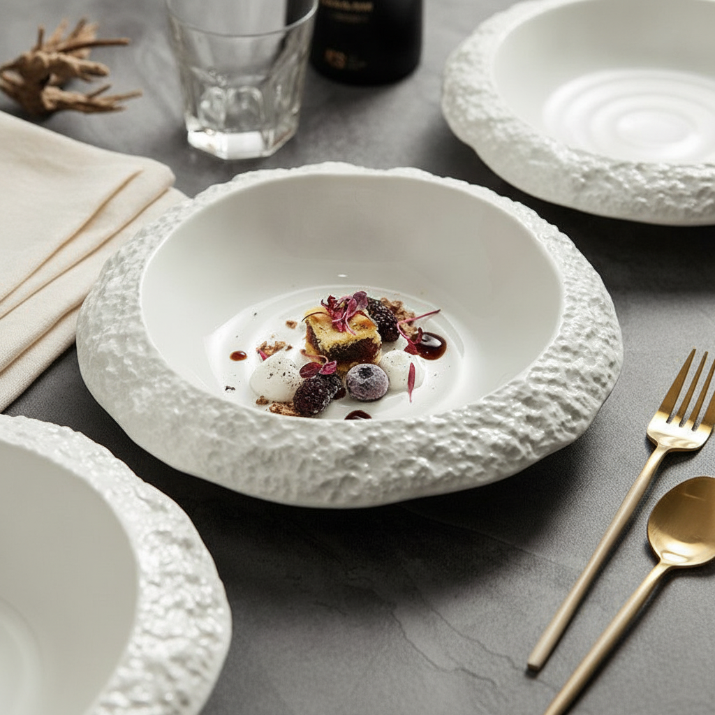 Cratone stone-rim deep dish with a fine-dining dessert plated in the deep well