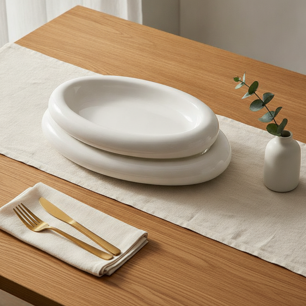 Two Nuvola puffy-rim ceramic platters styled on a linen runner with gold cutlery
