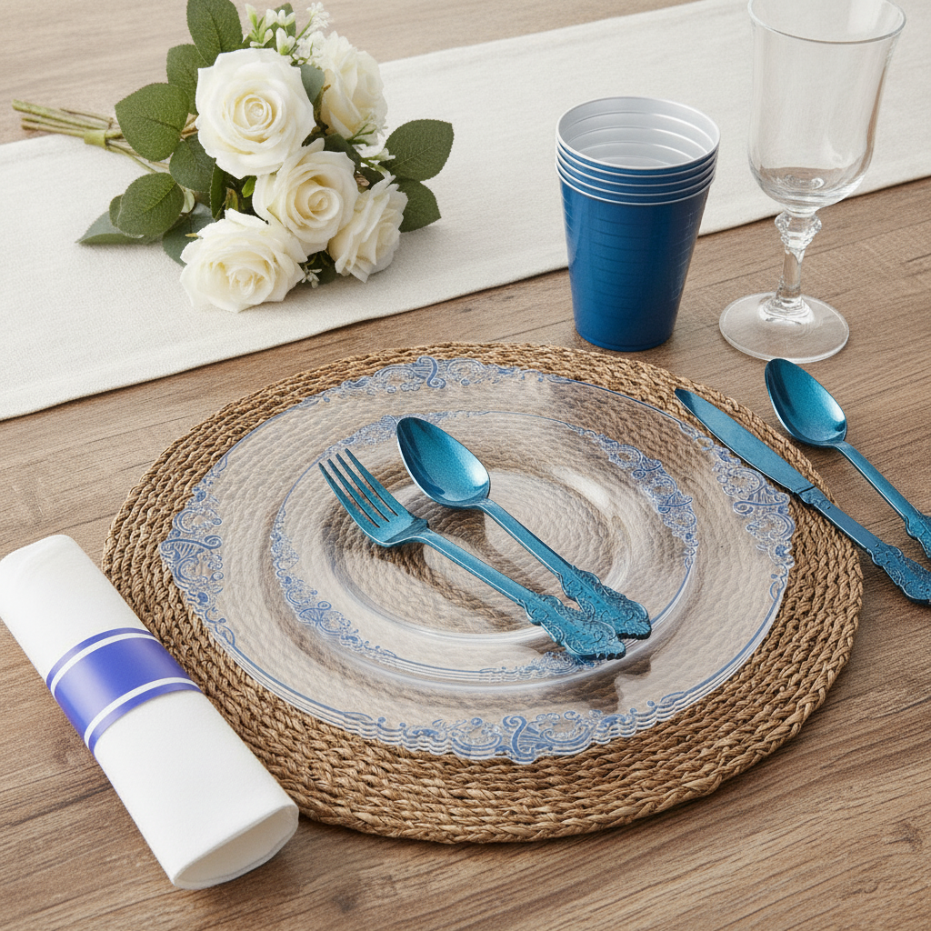 Clear and blue baroque disposable plate place setting with blue cutlery cup and napkin