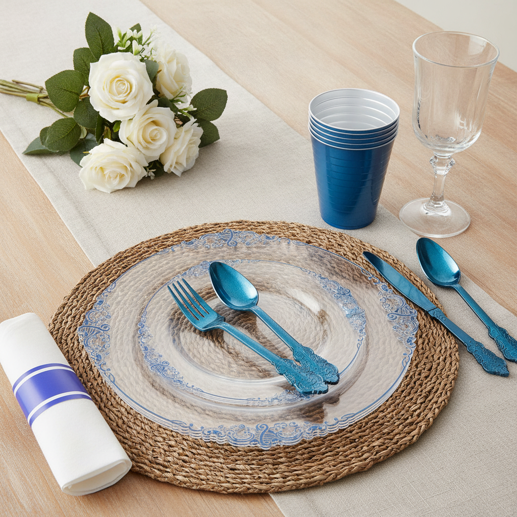 Clear and blue disposable plastic plates, cup and cutlery set styled place setting