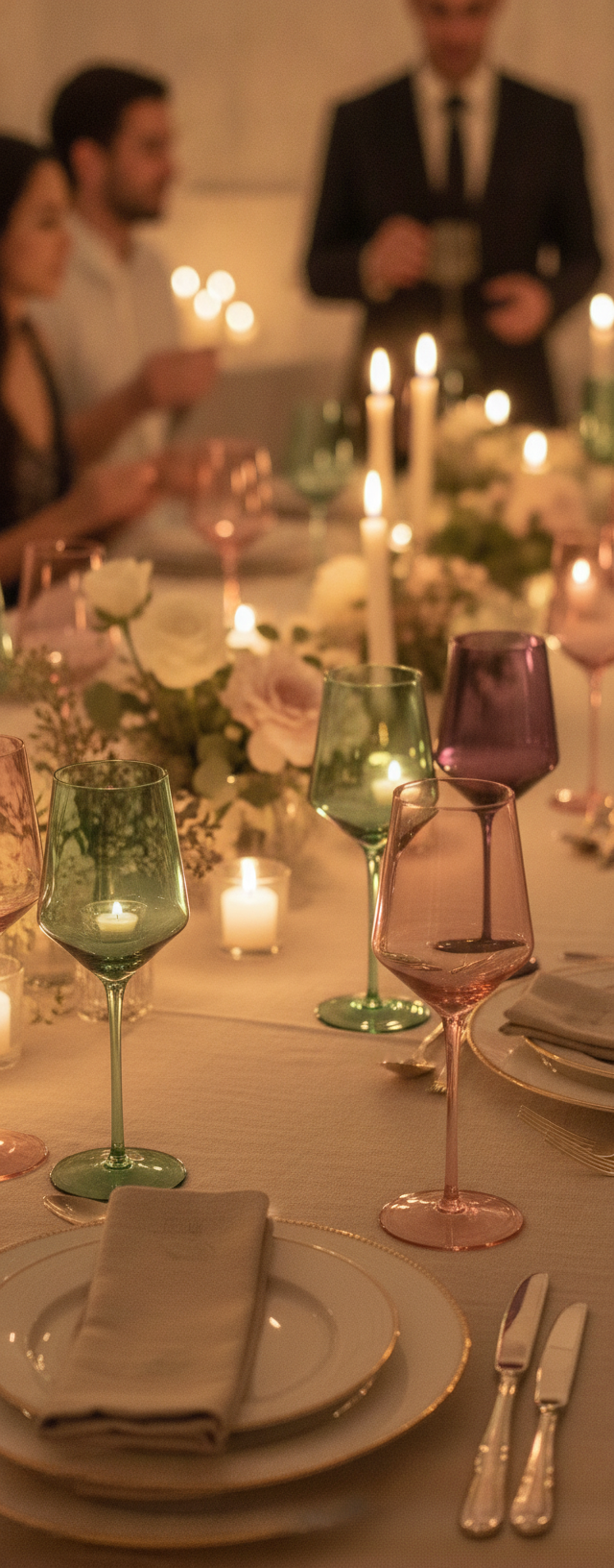 Coloured wine goblets styled at each place on a candlelit dinner table