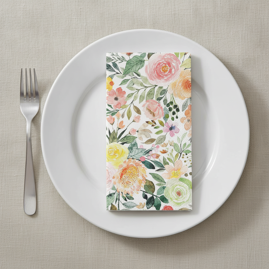 Watercolor rose paper guest napkin folded on a plain white plate place setting